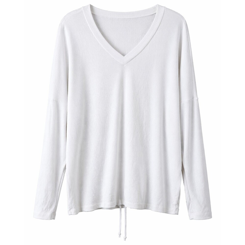 White Birch Ruched Back Top 1X White Ribbed Long Sleeve Drawstring Plus